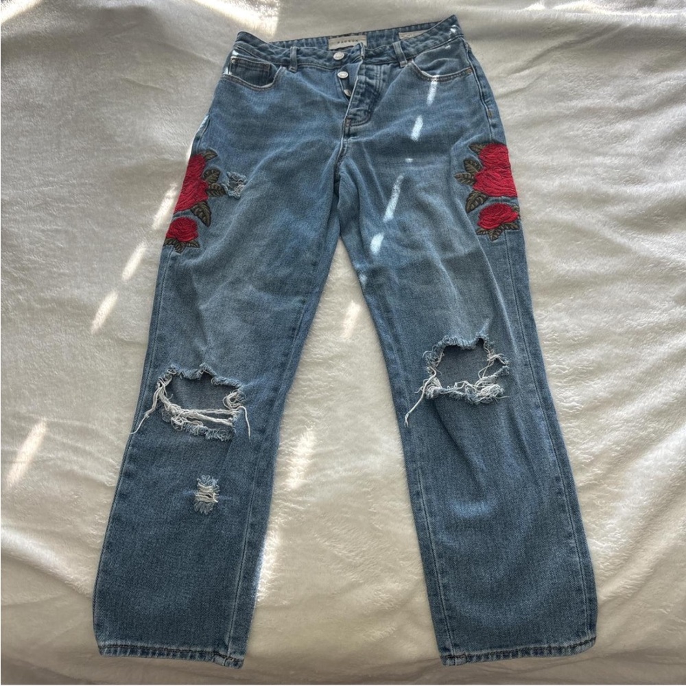 Pacsun Distressed Mom Jeans with Red Floral Embroidery